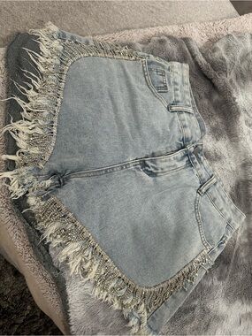 Fringe Hem Light Blue Denim Women's Shorts